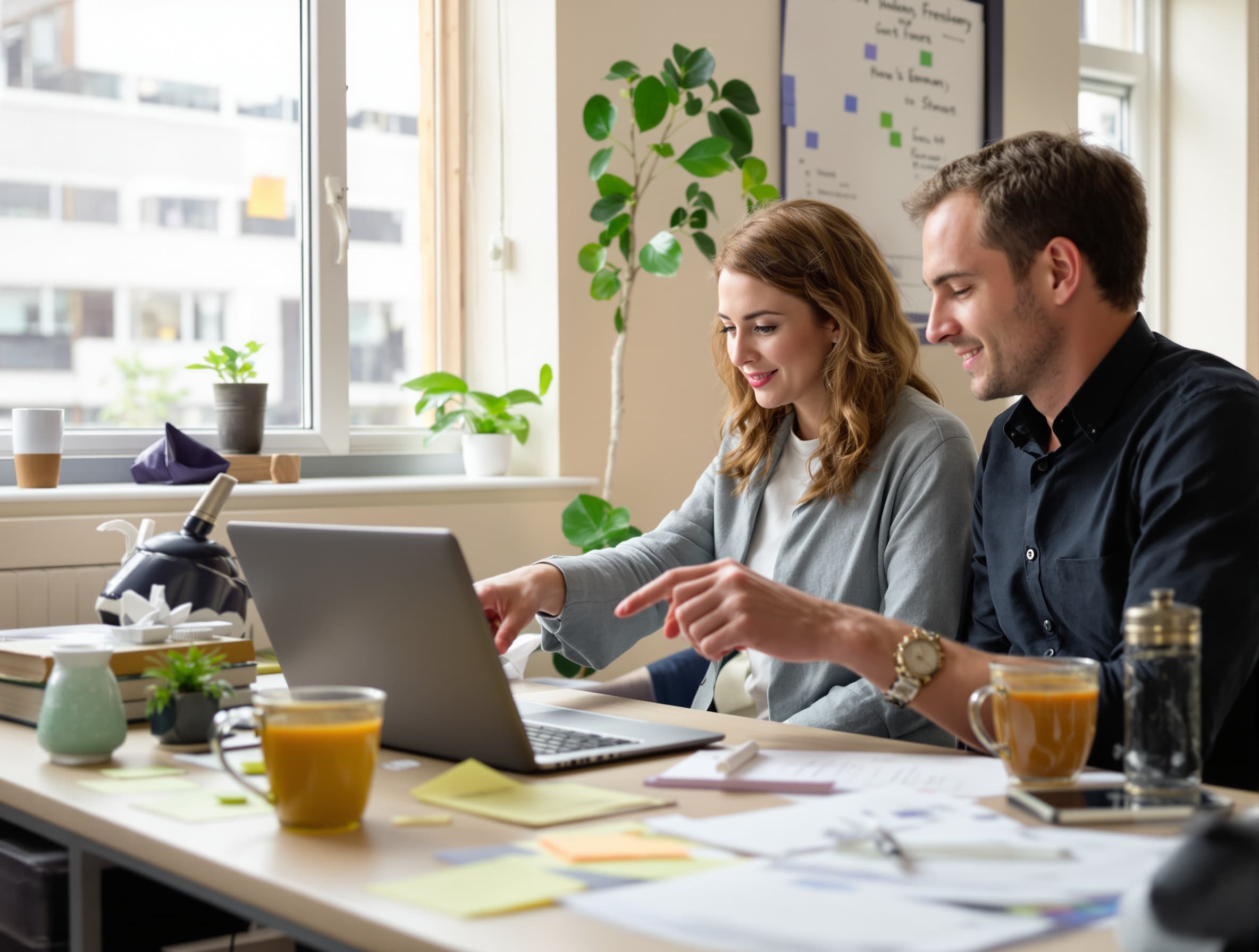 Two colleagues reviewing freelancer profiles on a laptop